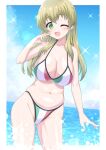  1girl bikini blonde_hair blue_sky breasts carpaccio_(girls_und_panzer) cleavage cloud commentary_request day flag_print girls_und_panzer green_eyes horizon igarashi_(igarashi_346) italian_flag_print large_breasts long_hair navel ocean outdoors sky smile solo sparkle swimsuit white_bikini 