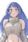  1girl bare_shoulders blue_eyes blue_hair blush boku_no_hero_academia breasts bright_pupils crop_top detached_sleeves fengling_(furin-jp) hadou_nejire highres large_breasts long_hair looking_at_viewer midriff navel simple_background sleeveless sleeveless_turtleneck smile solo stomach sweater turtleneck turtleneck_sweater upper_body very_long_hair virgin_destroyer_sweater white_background white_pupils 