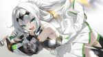  1girl armor black_thighhighs breastplate breasts bridal_gauntlets coeiroink commentary_request cut_bangs dutch_angle elbow_gloves gloves green_eyes grey_hair holding holding_weapon long_hair looking_at_viewer medium_breasts open_mouth solo thighhighs weapon white_background yappen 