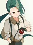  1girl asymmetrical_bangs black_gloves black_necktie black_pants bright_pupils collared_shirt ear_piercing earrings gloves green_hair grey_shirt highres holding holding_poke_ball jewelry long_hair mikan_(mikan_no_happa) necktie pants piercing poke_ball poke_ball_(basic) pokemon pokemon_sv ponytail red_eyes reverse_trap rika_(pokemon) shirt sleeves_past_elbows solo suspenders triangle_earrings white_pupils 