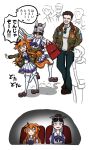  2girls absurdres animal_ears aomushi_taro blunt_bangs bomber_jacket bow brown_hair brown_headwear brown_ribbon ear_bow ear_covers ear_ribbon fake_facial_hair gold_ship_(umamusume) hair_between_eyes highres horse_ears horse_girl horse_tail horseshoe_ornament jacket long_hair long_sleeves mayano_top_gun_(umamusume) military movie_theater multiple_girls open_mouth orange_eyes orange_hair orange_tail pillbox_hat purple_bow purple_shirt ribbon sailor_collar sailor_shirt school_uniform shirt shorts tail tom_cruise top_gun:_maverick tracen_school_uniform translated two_side_up umamusume white_shorts 