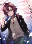  alternate_costume black_jacket blush box brown_sweater_vest cherry_blossoms genshin_impact gift green_eyes hair_between_eyes highres holding holding_box holding_gift jacket long_hair male_focus mole mole_under_eye necktie pants red_hair red_necktie rrr_gns_(riuriu_1212) school_uniform shikanoin_heizou smile sweater_vest teeth 