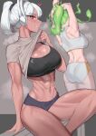  2girls abs absurdres animal_ears arms_up ass bare_legs bench black_buruma black_sports_bra blurry blurry_background boku_no_hero_academia breasts burnin_(boku_no_hero_academia) buruma cleavage clothes_lift crescent_print dark-skinned_female dark_skin feet_out_of_frame fiery_hair green_hair grey_shirt hair_tie heart highres knee_up large_breasts lifted_by_self long_eyelashes long_hair looking_at_viewer mirko multiple_girls muscular muscular_female navel obliques ponytail rabbit_ears rabbit_girl red_eyes shirt shirt_lift sitting smile solo_focus soolee040995 sports_bra steaming_body stomach stretching sweat thick_thighs thighs white_buruma white_hair white_sports_bra 