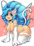2022 animal_humanoid blue_eyes blue_hair breasts capcom chocotoffy claws darkstalkers felicia_(darkstalkers) felid felid_humanoid feline feline_humanoid female fur hair hi_res humanoid inner_ear_fluff light_body light_skin long_hair looking_at_viewer mammal mammal_humanoid open_mouth open_smile signature simple_background smile solo tuft white_body white_fur