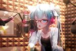  aqua_eyes aqua_hair bai_yemeng blurry bokeh breasts cleavage collarbone depth_of_field glasses hair_ribbon hatsune_miku headphones highres kagamine_rin long_hair microphone one_eye_closed open_mouth recording_studio revision ribbon small_breasts solo twintails vocaloid 