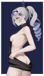  1girl ass bare_arms bare_back bare_shoulders black_sweater breasts butt_crack commentary cowboy_shot drill_hair english_commentary eyewear_on_head from_side grey_eyes grey_hair honkai:_star_rail honkai_(series) long_hair meme_attire ponytail profile sidelocks silver_wolf_(honkai:_star_rail) small_breasts solo standing sunglasses sweater thighs turtleneck turtleneck_sweater virgin_killer_sweater yan_kodiac 