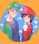  2boys baymax big_hero_6 boo brothers cosplay crossover disney ghost hat hiro_hamada luigi luigi_(cosplay) mario_(cosplay) mario_(series) marvel multiple_boys nintendo siblings smile super_mario_bros. tadashi_hamada 