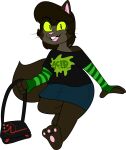 2018 3_toes 4_fingers absurd_res anthro armwear barefoot biped black_clothing black_eyebrows black_eyelashes black_eyes black_mouth black_satchel black_shirt black_topwear black_whiskers blue_bottomwear blue_clothing blue_skirt bottomwear brown_body brown_countershading brown_ears brown_fur brown_hair brown_tail brown_tuft buckteeth cat_tail chokovit_(artist) clothed clothed_anthro clothed_female clothing colored countershade_face countershade_fur countershade_neck countershade_torso countershading denim denim_bottomwear denim_clothing denim_skirt digital_drawing_(artwork) digital_media_(artwork) domestic_cat elbow_gloves english_text eye_through_hair eyebrow_through_hair eyebrows fangs feet felid feline felis female female_anthro fingerless_gloves fingers fluffy fluffy_tail front_view fur gloves green_armwear green_clothing green_elbow_gloves green_fingerless_gloves green_gloves green_handwear green_text hair handwear hi_res holding_satchel looking_at_viewer mammal off_shoulder open_mouth pattern_clothing pattern_fingerless_gloves pattern_gloves pattern_handwear pawpads pin_button pink_inner_ear pink_nose pink_pawpads pink_tongue prick_ears satchel shirt skirt solo striped_clothing striped_fingerless_elbow_gloves striped_fingerless_gloves striped_gloves striped_handwear stripes tail teeth text text_on_clothing text_on_shirt text_on_topwear toes tongue topwear translucent translucent_hair unknown_character whiskers yellow_sclera york_chocolate