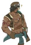  1boy ? abs bara brown_vest clothes_around_waist english_commentary facial_hair goatee goggles goggles_on_head hair_over_eyes hand_on_own_hip highres jacket jacket_around_waist male_focus multicolored_hair multiple_scars pectorals scar scar_on_arm tauro_(totk) the_legend_of_zelda the_legend_of_zelda:_tears_of_the_kingdom upper_body vest white_background zoyu_(wuedti) 