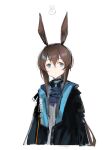  1girl amiya_(arknights) animal_ears arknights ascot astg black_jacket blue_ascot blue_eyes brown_hair choker closed_mouth clothes_writing cropped_torso hair_between_eyes jacket long_sleeves open_clothes open_jacket rabbit_ears rabbit_girl simple_background solo upper_body white_background 