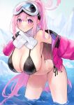  1girl absurdres bare_shoulders bikini blue_archive blush breasts cleavage eimi_(blue_archive) eimi_(swimsuit)_(blue_archive) goggles goggles_on_head halo highres ito_uuu jacket large_breasts long_hair long_sleeves looking_at_viewer navel pink_jacket scarf ski_goggles smile solo swimsuit thighs white_scarf 