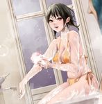  bathing bathroom bikini black_hair blush breasts cleavage covered_nipples faucet hayakawa_pao highres large_breasts lips looking_at_another open_mouth orange_eyes original short_hair side-tie_bikini sitting smile swimsuit wet wet_clothes wet_swimsuit yellow_bikini 