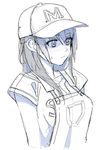  bangs baseball_cap blush breasts hat highres long_hair medium_breasts monochrome original overalls short_sleeves simple_background sketch solo takeuchi_aya upper_body white_background 