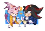  1boy 1girl animal_ears black_fur blaze_the_cat blue_jacket cat_ears cat_girl cat_tail closed_eyes collared_shirt forehead_jewel furry furry_female furry_male glasses gloves holding holding_spoon jacket margarita open_clothes open_jacket ponytail purple_fur red_eyes shadow_the_hedgehog shirt smirk sonic_(series) spoon sucho tail white_gloves white_shirt 