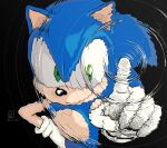  1boy animal_ears animal_nose black_background clgz_sonic closed_mouth furry furry_male gloves green_eyes highres looking_at_viewer male_focus smile solo sonic_(series) sonic_the_hedgehog white_background white_gloves 
