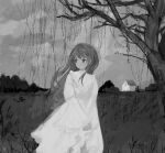 1girl bare_tree capelet chisato_charme dress feet_out_of_frame field floating_hair frilled_capelet frills greyscale highres house juliet_sleeves long_hair long_sleeves looking_to_the_side monochrome original outdoors overcast own_hands_together puffy_sleeves sky solo standing tree v_arms wide_sleeves 