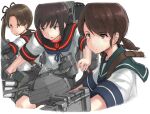  3girls ayanami_(kancolle) ayanami_kai_ni_(kancolle) black_sailor_collar blue_neckerchief brown_eyes brown_hair fubuki_(kancolle) fubuki_kai_ni_(kancolle) glowing_clothes green_eyes green_sailor_collar hair_over_one_eye hair_ribbon hayashi_naoharu holding holding_turret jewelry kantai_collection long_hair low_ponytail low_twintails machinery mast medium_hair multiple_girls neckerchief ribbon rigging ring sailor_collar school_uniform serafuku shirayuki_(kancolle) shirt short_ponytail short_sleeves short_twintails side_ponytail sidelocks simple_background smokestack strap torpedo_launcher turret twintails upper_body wedding_ring white_background white_shirt 