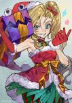  1girl ambitious_elf_jinx artist_name bare_shoulders blonde_hair blue_eyes bow dress gift gloves grin hair_bow hand_up hat highres holding holding_gift jinx_(league_of_legends) league_of_legends long_hair looking_at_viewer neri_(neri23152939) pantyhose red_bow red_dress red_gloves santa_dress santa_hat smile solo star_(symbol) star_ornament teeth 