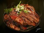  food food_focus meat no_humans original plate saito_yoshinobu signature steak steam still_life vegetable 