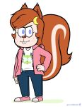 2017 4_fingers american_red_squirrel anthro artist_name big_tail biped black_eyebrows black_eyelashes blue_bottomwear blue_clothing blue_eyes blue_jeans blue_pants blue_text bottomwear breasts buckteeth closed_smile clothed clothed_anthro clothed_female clothing colored copyright_symbol denim denim_bottomwear denim_clothing digital_drawing_(artwork) digital_media_(artwork) eyebrows female female_anthro fingers fluffy fluffy_tail freckles fur gir_(invader_zim) hair hand_on_hip hi_res hoodie invader_zim jeans lauren_dubois mammal markings mjcabbages moon_hairclip mouth_closed nickelodeon no_pupils open_clothing open_hoodie open_topwear orange_ears orange_hair orange_tail pants pine_squirrel pink_clothing pink_hoodie pink_sneakers pink_topwear prick_ears red_nose rodent sciurid shadow shirt signature simple_background smile solo squirrel_tail standing striped_markings striped_tail stripes symbol tail tail_markings teenager teeth text topwear tree_squirrel white_background white_body white_clothing white_fur white_markings white_shirt white_stripes white_topwear yellow_hairclip young