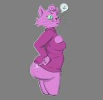 2023 5_fingers annoyed anthro bent_arm big_breasts big_butt biped black_eyebrows black_eyelashes black_pupils black_whiskers bojack_horseman bottom_heavy bottomless bottomless_anthro bottomless_female breasts butt cheek_tuft cleavage_cutout clothed clothing cross-popping_vein curved_eyebrows cutout digital_drawing_(artwork) digital_media_(artwork) domestic_cat emanata eyebrows eyelashes facial_tuft fangs felid feline felis female female_anthro fingers flash_emanata fur fur_tuft gesture green_sclera grey_background hi_res humanoid_hands jodero keyhole_turtleneck legs_together long_whiskers looking_at_viewer mammal mature_anthro mature_female middle_finger mouth_closed netflix nipple_outline no_irises outline pink_body pink_ears pink_fur portrait prick_ears princess_carolyn pseudo_hair pupils purple_clothing purple_sweater purple_topwear raised_eyebrow red_nose side_view simple_background slit_pupils solo speech_bubble standing sweater sweater_only teeth thick_thighs three-quarter_portrait topwear topwear_only tuft turtleneck whiskers white_outline white_speech_bubble