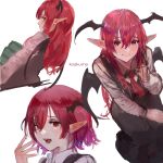  alternate_hair_length alternate_hairstyle bat_wings black_dress brown_eyes character_name collared_shirt commentary_request dress eneshi hair_between_eyes head_wings highres koakuma lips long_hair long_sleeves looking_at_viewer multiple_views necktie open_mouth pointy_ears red_eyes red_hair red_necktie shirt short_hair simple_background sitting smile teeth tongue touhou white_background white_shirt wings 