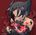  1boy angry character_name fingerless_gloves fingernails gloves kazama_jin kotorai male_focus pectorals red_background red_eyes red_gloves short_hair shoulder_tattoo solo studded_gloves sweatdrop tattoo tekken thick_eyebrows topless_male v-shaped_eyebrows 