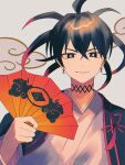  1boy absurdres black_hair choker colored_tips commentary crossed_bangs donten_ni_warau earrings hair_between_eyes hand_fan highres holding holding_fan japanese_clothes jewelry kimono kumou_tenka looking_at_viewer multicolored_hair red_hair solo tsukuno_tsuki upper_body white_kimono 