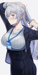  1girl absurdres belt black_belt black_skirt breasts bronya_zaychik bronya_zaychik_(silverwing:_n-ex) closed_mouth collarbone english_commentary grey_eyes grey_hair highres honkai_(series) honkai_impact_3rd id_card large_breasts long_hair nuebunny official_alternate_costume ponytail simple_background skirt solo upper_body white_background 