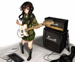  amplifier bangs black_hair blush braid brand_name_imitation cable copyright_name effects_pedal electric_guitar full_body green_eyes guitar guitar_case highres instrument instrument_case kantai_collection kitakami_(kantai_collection) long_hair looking_at_viewer maki_(maki_pei) marshall plectrum school_uniform simple_background single_braid smile solo standing telecaster torpedo white_background 