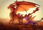 2023 absurd_res activision dragon duo feral full-length_portrait grass hi_res horn huge_filesize ignitus legend_of_spyro looking_at_another male membrane_(anatomy) membranous_wings namoogly orange_body orange_scales outside plant portrait purple_body purple_scales quadruped scales scalie signature size_difference smile spyro spyro_the_dragon sunset tail walking western_dragon wings