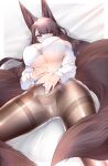  1girl absurdres akagi_(azur_lane) animal_ears azur_lane bed_sheet blush bra breasts brown_hair brown_pantyhose cleavage commentary dated_commentary english_commentary fingernails fox_ears fox_girl fox_tail hand_on_own_crotch highres kitsune large_breasts long_hair looking_to_the_side lying multiple_tails navel on_back panties pantyhose red_eyes samip shirt solo stomach tail thighs underboob underwear white_bra white_panties white_shirt 