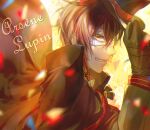  1boy arsene_lupin_(code:realize) black_cape black_gloves black_headwear blurry bokeh brown_hair cape character_name code:realize depth_of_field domino_mask gloves grin hair_between_eyes hat_tip lens_flare looking_at_viewer male_focus mask neoromansu5 smile solo upper_body yellow_eyes 