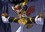 anthro ball_grab ballbusting balls brown_body brown_fur clothed clothing cock_and_ball_torture duo faceless_character fan_character fur genital_torture genitals golden_lock male superhero_costume tagme teeth zhuki_(artist)