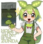  1girl :3 :d animal_ears blush bolo_tie brooch cowboy_shot dot_nose english_text engrish_text food frilled_sleeves frills green_brooch green_hair green_shorts green_suspenders hair_between_eyes hand_on_own_hip hand_up holding holding_food jewelry long_hair looking_at_viewer low_ponytail open_mouth orange_eyes pea_pod ponytail puffy_short_sleeves puffy_sleeves pun raichiyo ranguage shirt short_sleeves shorts simple_background smile solo sparkle suspender_shorts suspenders translation_request v-shaped_eyebrows voicevox white_background white_shirt zundamon 