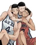  3boys :d basketball_jersey basketball_uniform beaker_pour black_eyes black_hair brown_eyes brown_hair buzz_cut closed_eyes dark-skinned_male dark_skin feet_out_of_frame fukatsu_kazunari happy highres hug hug_from_behind looking_to_the_side male_focus miyagi_ryouta multiple_boys open_mouth red_shorts red_tank_top sawakita_eiji short_hair shorts simple_background sitting slam_dunk_(series) smile sportswear sweatdrop tank_top toned toned_male undercut very_short_hair wavy_hair white_background white_shorts white_tank_top 