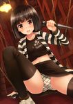  akemiho_tabi_nikki black_hair black_legwear blush cameltoe fukube_tamaki kouno_hikaru kunai looking_at_viewer midriff miniskirt navel open_mouth panties plaid plaid_panties red_eyes rope shirt short_hair skirt solo spread_legs striped striped_shirt tears thighhighs underwear weapon 