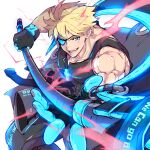  1_ssmk 1boy black_shirt blue_eyes cross electricity english_text eyepatch fingerless_gloves flag flagpole gloves guilty_gear guilty_gear_strive holding holding_flag holding_weapon male_focus muscular muscular_male open_mouth sharp_teeth shirt short_hair sin_kiske solo teeth weapon 