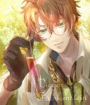  1boy black_gloves brown_hair character_name code:realize glasses gloves green_eyes hair_between_eyes headphones headphones_around_neck lab_coat male_focus neoromansu5 solo vial victor_frankenstein_(code:realize) 