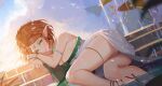  1girl armlet ass bare_shoulders blonde_hair braid breasts cloud crown_braid dress english_commentary facial_mark forehead_mark fountain green_eyes head_rest highres looking_at_viewer lying medium_breasts multiple_bracelets neorarty outdoors panties parted_bangs partially_submerged pelvic_curtain pointy_ears princess_zelda short_hair sideboob sky sleeveless sleeveless_dress solo strapless strapless_dress the_legend_of_zelda the_legend_of_zelda:_tears_of_the_kingdom thigh_strap underwear white_dress white_panties 