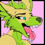 anthro baphomeat bodily_fluids canid canine drooling fur green_body green_fur hi_res humanoid male mammal open_mouth saliva solo teal_eyes tongue tongue_out yellow_body yellow_fur