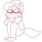 2017 3_toes 4_fingers anthro barefoot beanie biped bottomwear cat_tail cheek_tuft chokovit_(artist) clothed clothed_anthro clothed_male clothing crossed_arms digital_drawing_(artwork) digital_media_(artwork) domestic_cat eyebrow_through_hair eyebrows eyewear facial_tuft feet felid feline felis fingers fluffy fluffy_tail front_view full-length_portrait fur fur_tuft furgonomic_bottomwear furgonomics glasses grumpy hair hat headgear headwear hi_res knees_pulled_up looking_away louvel_labelle male male_anthro mammal monochrome on_ground pants pin_button portrait pouting rectangular_glasses red_and_white simple_background sitting sitting_on_ground sketch solo striped_body striped_cheeks striped_fur stripes sweater tabby_cat tail teenager text toes topwear translucent translucent_hair tuft whiskers white_background young