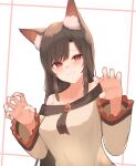  1girl absurdres animal_ears breasts brown_hair claw_pose dress grin highres imaizumi_kagerou long_sleeves looking_at_viewer off-shoulder_dress off_shoulder pollux368 red_eyes simple_background smile teeth touhou upper_body white_background white_dress wolf_ears wolf_girl 