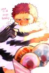  1boy aoiaoba0316 blush charlotte_katakuri chest_tattoo covering_mouth dated doughnut food giving gloves half-closed_eyes happy_birthday highres male_focus one_piece pink_hair portrait scarf scarf_over_mouth short_hair shy solo sunlight tattoo 