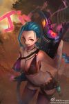  alternate_breast_size blue_hair breasts cannon character_name charging cleavage covered_nipples downblouse from_above gun handgun huge_breasts jinx_(league_of_legends) league_of_legends looking_at_viewer midriff navel pistol red_eyes rocket_launcher solo standing tattoo tracyton twintails watermark weapon web_address 