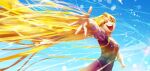  1girl absurdres blonde_hair blue_sky closed_eyes dress english_commentary floating_hair hair_flowing_over highres nviek5 open_hands open_mouth outstretched_arms pink_dress rapunzel_(disney) sky tagme tangled wind 
