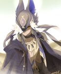  1boy animal_ears arabian_clothes black_cape black_choker blurry blurry_background cape choker closed_mouth cyno_(genshin_impact) earrings genshin_impact hair_over_one_eye headpiece jackal_ears jewelry long_hair noi_(nononoi339) orange_eyes sand solo tan white_hair 