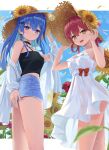  2girls absurdres ahoge alternate_costume aqua_hair asakura_(asa_t77) black_camisole blue_hair camisole closed_mouth colored_inner_hair commentary_request denim denim_shorts dress empire_waist feet_out_of_frame field flower flower_field flower_hat hair_ornament hairclip hand_on_headwear hat highres hololive hoshimachi_suisei long_hair looking_at_viewer multicolored_hair multiple_girls pink_hair sakura_miko see-through see-through_dress see-through_silhouette shorts smile spaghetti_strap straw_hat sun_hat sundress sunflower sunflower_field virtual_youtuber white_dress 