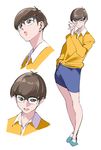  :o adjusting_eyewear blue_shorts bowl_cut brown_eyes brown_hair closed_mouth collared_shirt doraemon glasses hand_in_pocket long_sleeves looking_at_viewer male_focus multiple_views nobi_nobita open_mouth over-rim_eyewear parody pop_kyun semi-rimless_eyewear shirt shoes shorts simple_background standing tokimeki_memorial tokimeki_memorial_girl's_side white_background yellow_shirt 