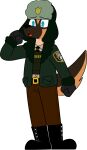 2017 4_fingers absurd_res anthro belt_buckle biped black_belt black_clothing black_gloves black_handwear black_necktie black_nose blue_eyes bottomwear brown_body brown_bottomwear brown_clothing brown_countershading brown_fur brown_markings brown_pants brown_tail canid canine canis chokovit_(artist) clothed clothed_anthro clothed_male clothing coat colored countershade_face countershade_fur countershade_neck countershading digital_drawing_(artwork) digital_media_(artwork) domestic_dog english_text eyebrow_through_hat eyebrows feet fingers fist fur german_shepherd glistening gloves hair handwear hat headgear headwear herding_dog hi_res jacket jay_shepherd male male_anthro mammal markings necktie no_pupils open_mouth pants pastoral_dog police police_dog police_officer police_uniform prick_ears sheriff simple_background solo tail tan_body tan_countershading text text_on_clothing text_on_topwear text_on_vest toes topwear translucent uniform ushanka vest white_clothing white_text white_topwear winter_clothing yellow_text